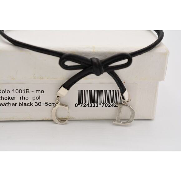 Christian Dior Vintage Bow Choker Necklace Logo CD Charm Black Leather Signed - Picture 14 of 16